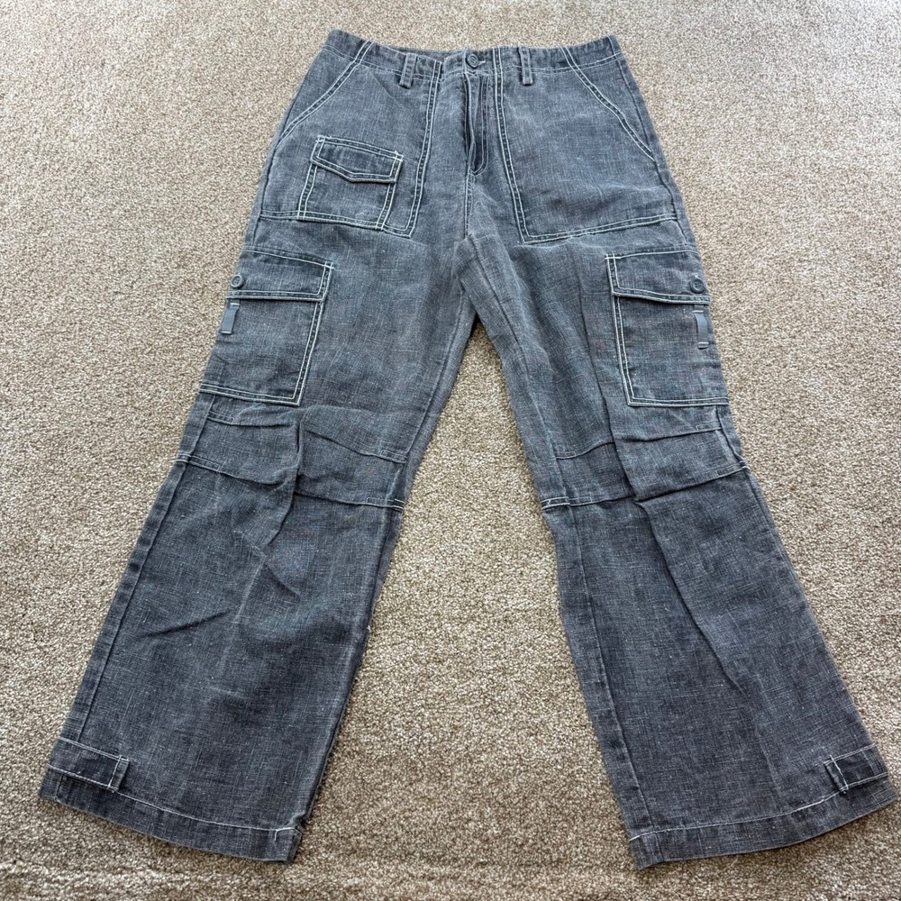 Street Blues Womens M Charcoal Grey 100% Ramie Cargo Utility Pants Wide Leg Y2K